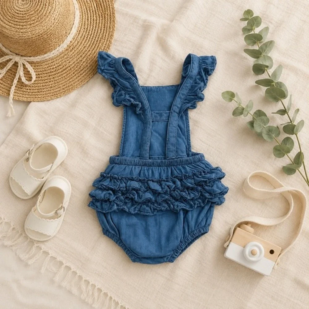 RuffleButts Baby Girl Denim Ruffle Bubble Romper Sunsuit 12-18M